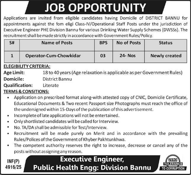 Public Health Engineering Division PHED Bannu Jobs 2025 – Public Health Engineering Department KPK Jobs 2025 — original advertisement