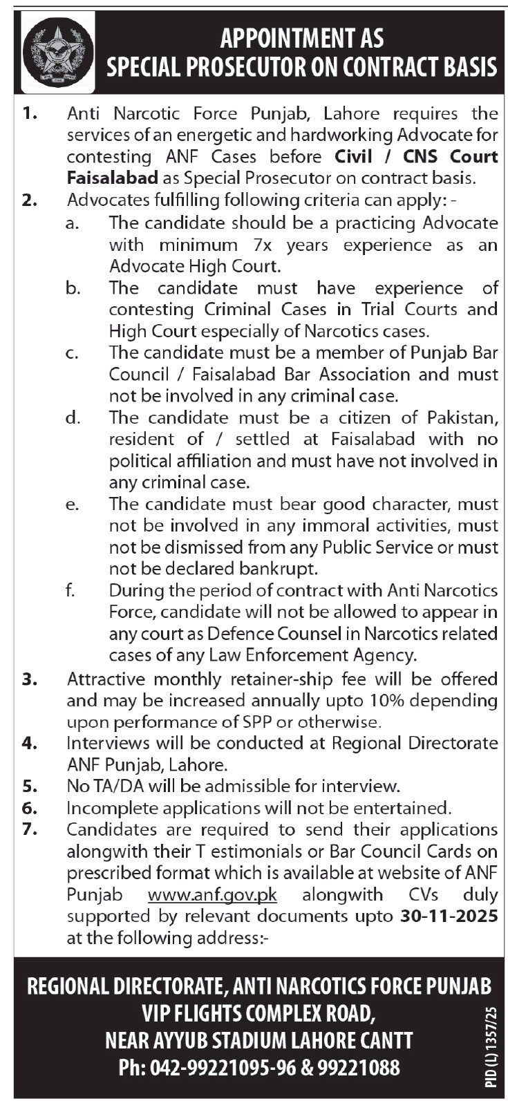 Anti Narcotics Force ANF Jobs 2025 For Special Prosecutor – Anti Narcotics Force Pakistan Jobs 2025 — original advertisement