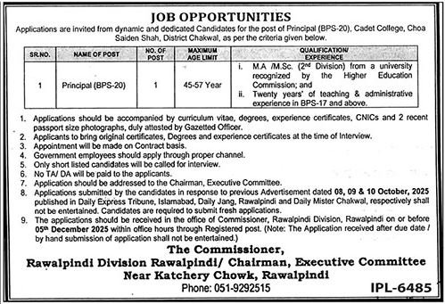 Cadet College Choa Saiden Shah District Chakwal Jobs 2025 – Cadet College Choa Saiden Shah Chakwal Jobs 2025 — original advertisement