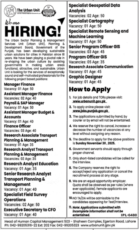 The Urban Unit Lahore Jobs 2025 For Manager Finance – The Urban Unit Punjab Jobs 2025 — original advertisement