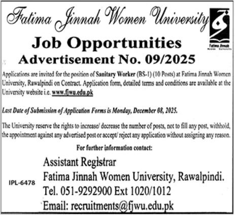 Fatima Jinnah Women University FJWU Rawalpindi Jobs 2025 – Fatima Jinnah Women University Rawalpindi Jobs 2025 — original advertisement