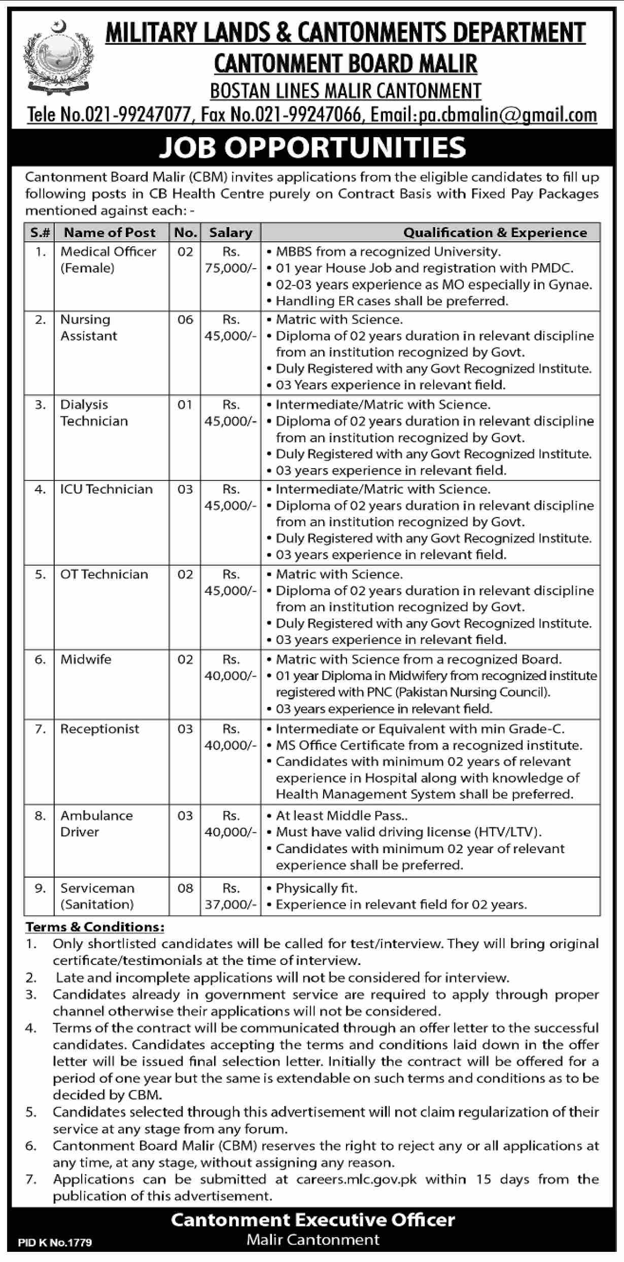 Military Lands And Cantonment Department Karachi Jobs 2025 – Cantonment Board Jobs 2025 — original advertisement