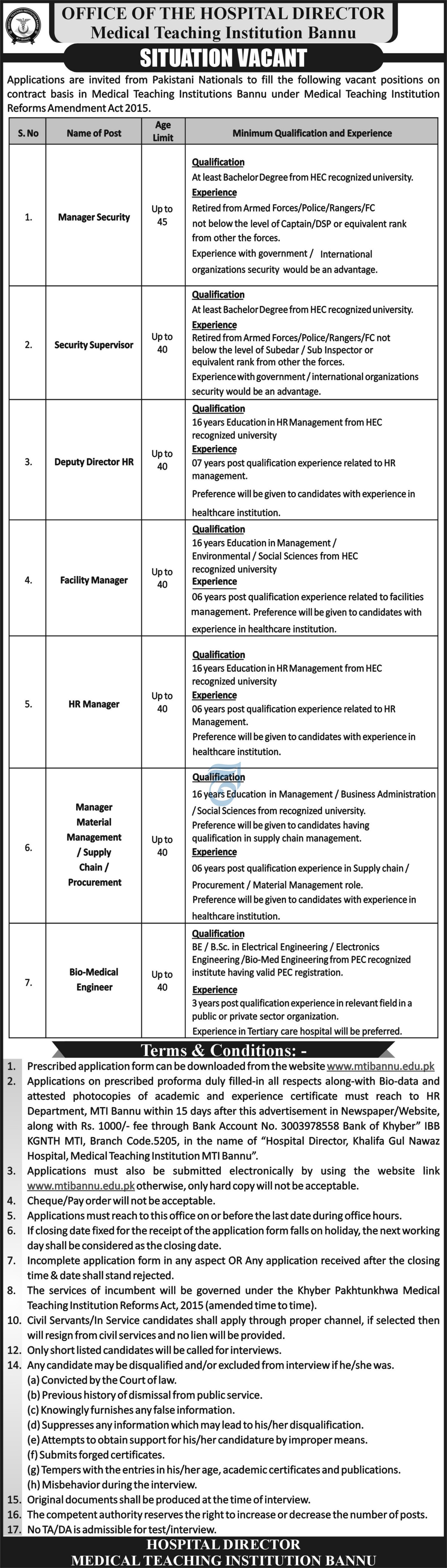 Medical Teaching Institution Bannu Jobs 2025 – Medical Teaching Institute MTI Khyber Teaching Hospital Peshawar Kpk Jobs 2025 — original advertisement