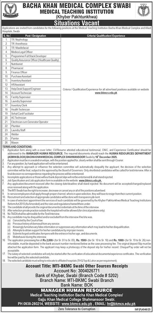 Bacha Khan Medical Complex Jobs 2025 – Bacha Khan Medical College Mardan Jobs 2025 — original advertisement
