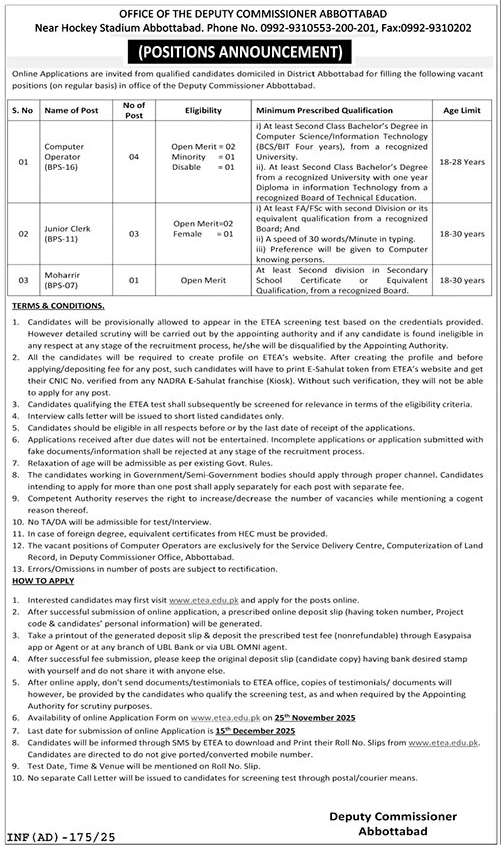 Deputy Commissioner Office Abbottabad Jobs 2025 – Revenue Department KPK Jobs 2025 — original advertisement
