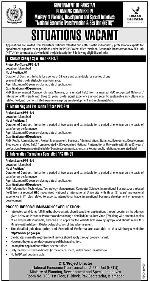Ministry of Planning Development and Special Initiative Jobs – Ministry of Planning Development & Special Initiatives Islamabad Jobs 2025 — original advertisement