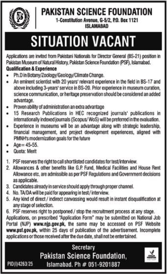 Pakistan Science Foundation Islamabad Jobs 2025 Jobs 2025 — original advertisement