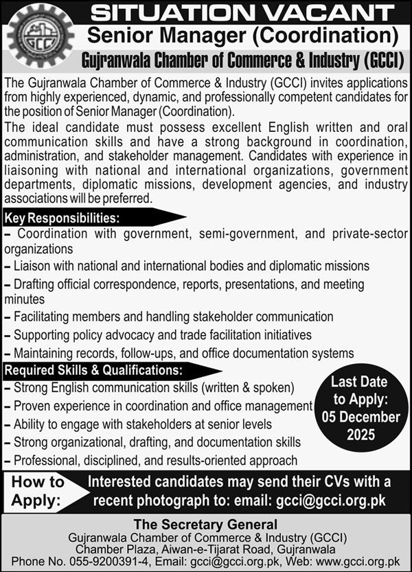 Gujranwala Chamber Of Commerce & Industry Jobs 2025 – Faisalabad Chamber of Commerece & Industry Jobs 2025 — original advertisement