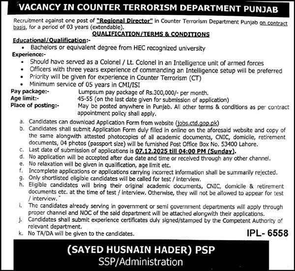 Counter Terrorism Department CTD Lahore Jobs 2025 – Counter Terrorism Department (CTD) Punjab Jobs 2025 — original advertisement