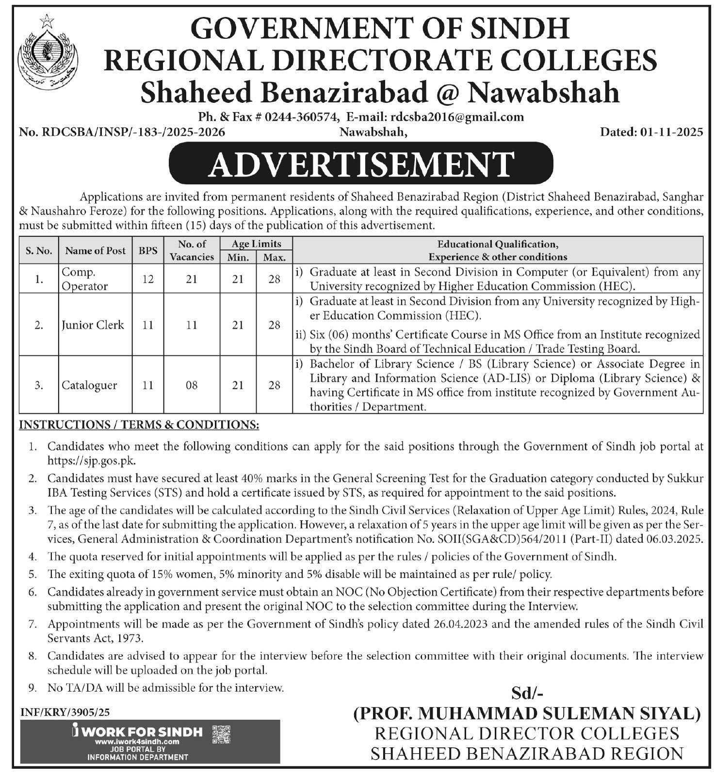 Regional Directorate Colleges Shaheed Benazirabad Jobs 2025 – Regional Directorate Of College Jobs 2025 — original advertisement