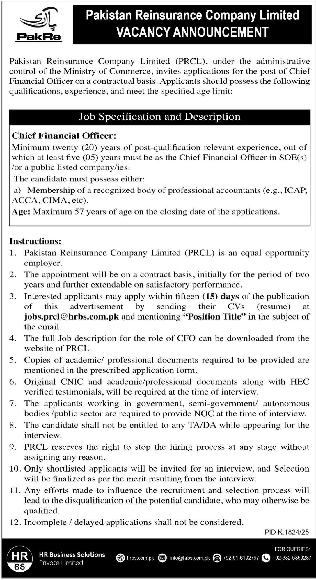 Pakistan Reinsurance Company Limited PRCL Jobs 2025 – Private Company Jobs 2025 — original advertisement