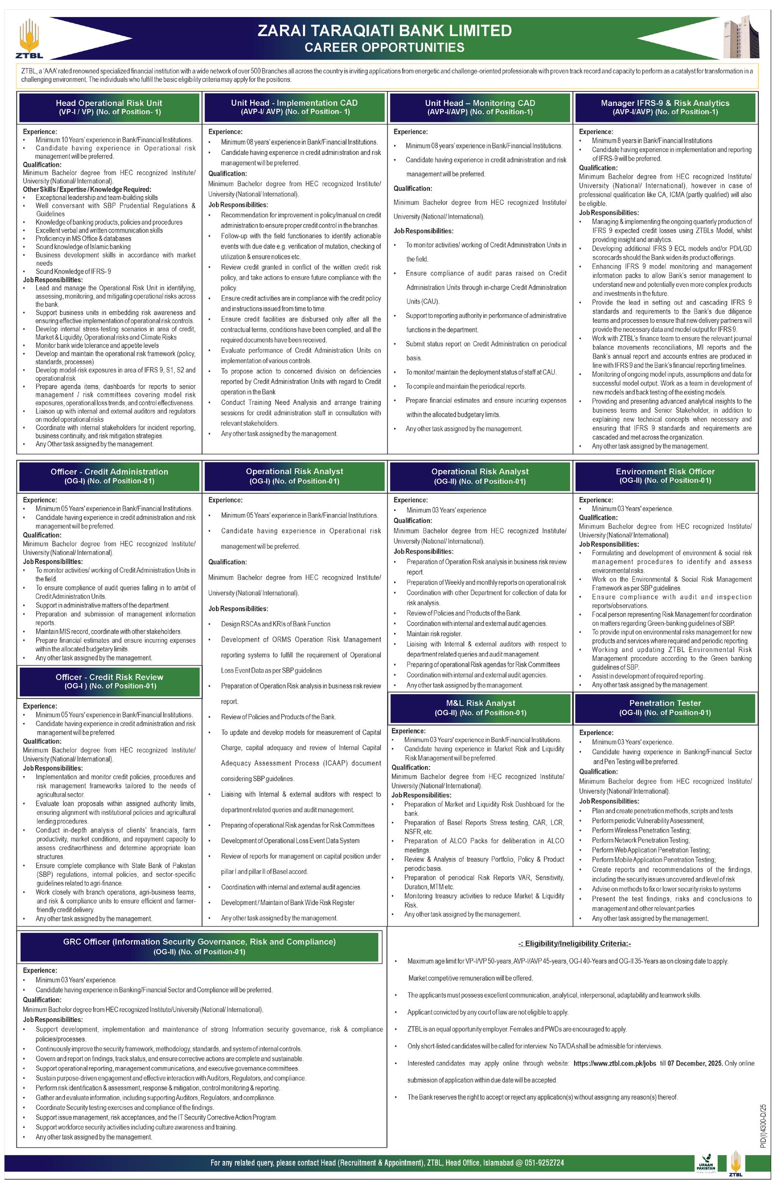 Zarai Taraqiati Bank Limited ZTBL Islamabad Jobs 2025 Jobs 2025 — original advertisement