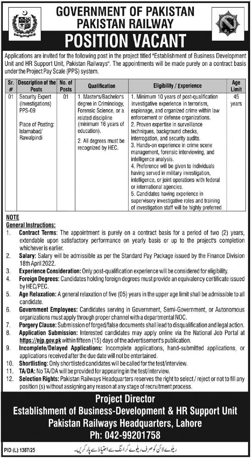Pakistan Railways lahore Jobs 2025 – Ministry of Railways Islamabad Jobs 2025 — original advertisement