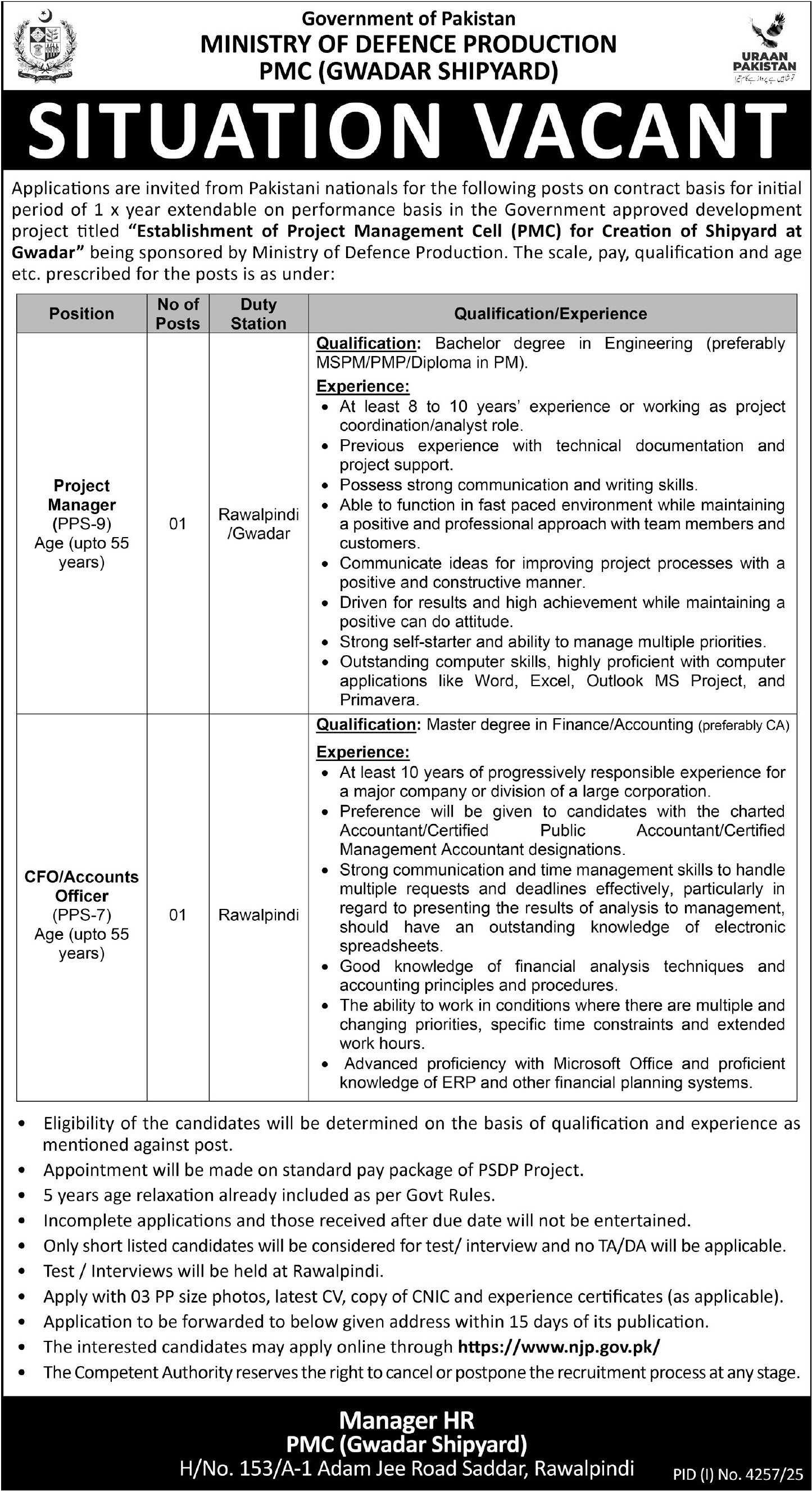 Ministry Of Defence Production Jobs 2025 – Ministry of Defence Pakistan Jobs 2025 — original advertisement