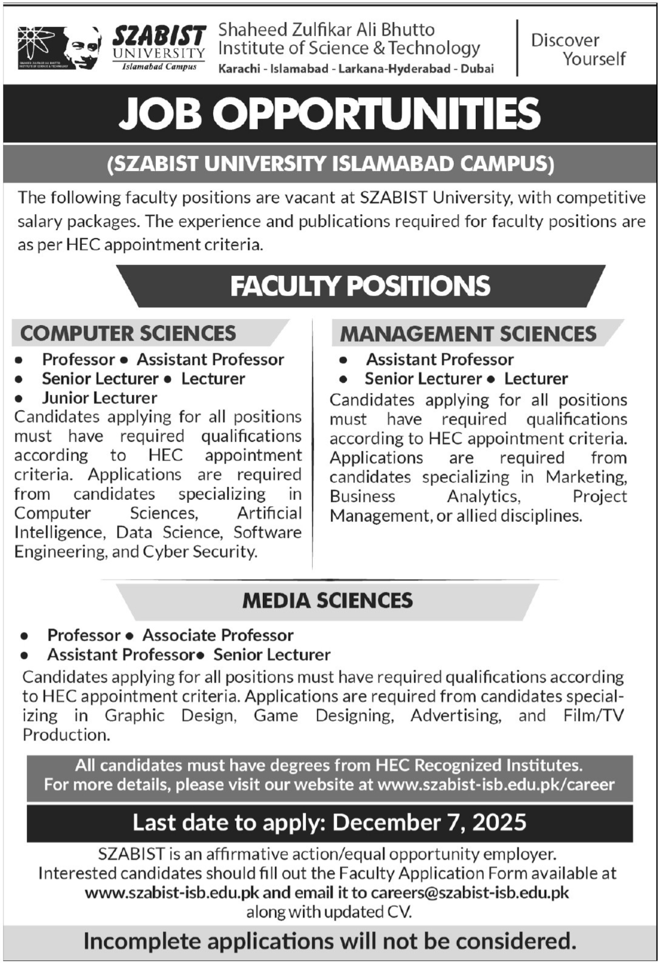 Shaheed Zulfiqar Ali Bhutto Institite of Science Jobs – Shaheed Zulfiqar Ali Bhutto Medical University Islamabad Jobs 2025 — original advertisement