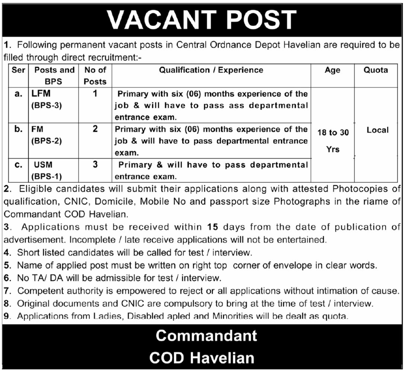 Central Ordnance Depot COD Havelian kpk Jobs 2025 Jobs 2025 — original advertisement