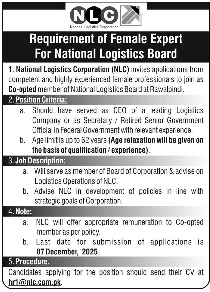 National Logistics Corporation NLC Rawalpindi Jobs 2025 – National Logistic Cell Rawalpindi Jobs 2025 — original advertisement
