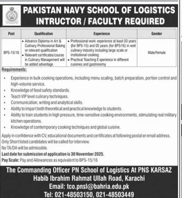 Pakistan Navy School Of Logistics Karachi Job 2025 Jobs 2025 — original advertisement