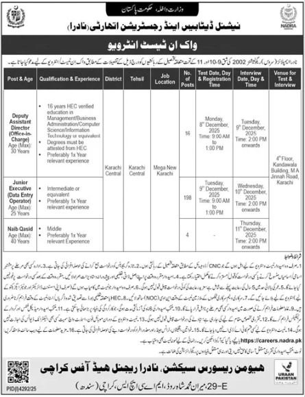 Walk In Test And Interviews At NADRA 2025 – National Database and Registration Authority Jobs 2025 — original advertisement