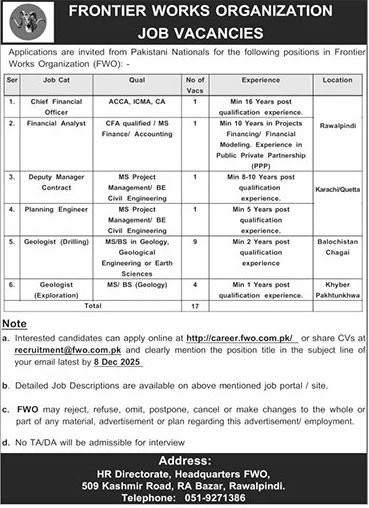 Frontier Works Organization FWO Rawalpindi Jobs 2025 Jobs 2025 — original advertisement