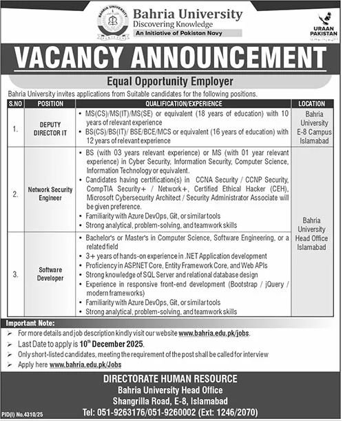 Bahria University Islamabad Jobs 2025 Jobs 2025 — original advertisement