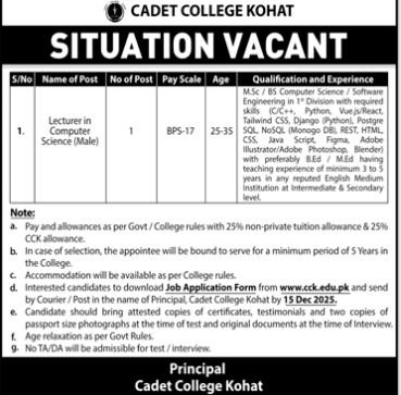 Cadet College kohat Khyber Pakhtunkhwa Jobs 2025 Jobs 2025 — original advertisement