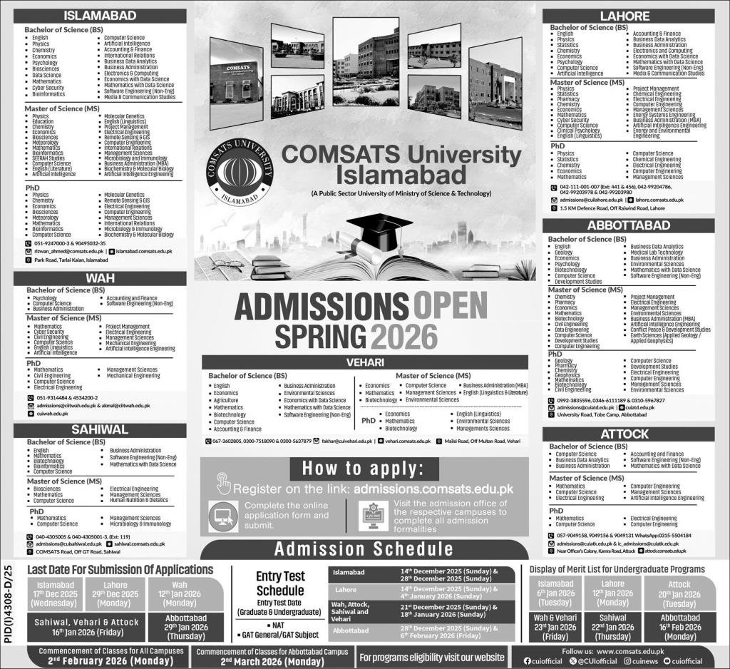 Admission Open in Comsats University Islamabad 2025 Admissions 2025 — original advertisement