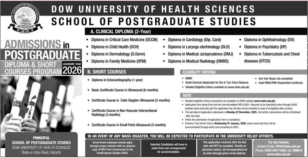 Admission Open in Dow University of Health Sciences 2025 – Dow University of Health Sciences Karachi Admissions 2025 — original advertisement