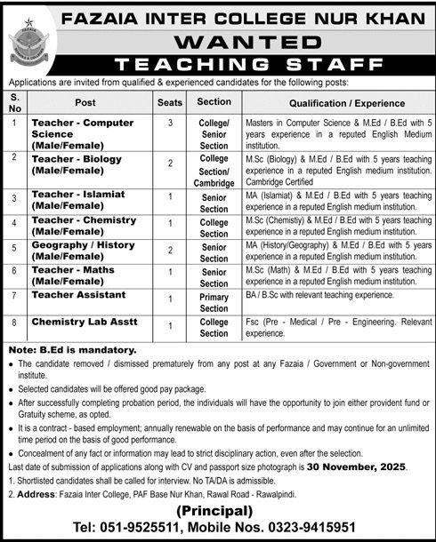 Fazaia Inter College nur Khan Jobs 2025 – Fazaia Schools & Colleges Jobs 2025 — original advertisement