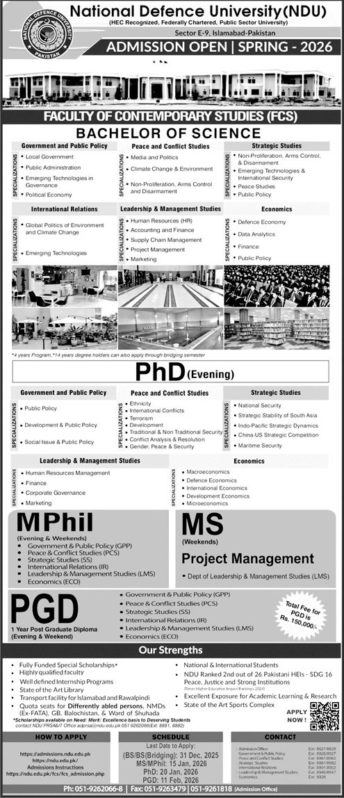 Admission Open in National Defence University NDU 2025 – National Defence University, Pakistan Admissions 2025 — original advertisement