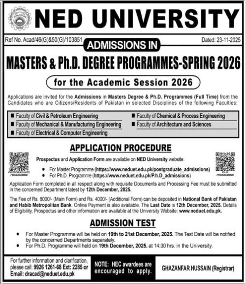 Admission Open in Ned University of Engineering and Technol – NED University of Engineering and Technology Admissions 2025 — original advertisement