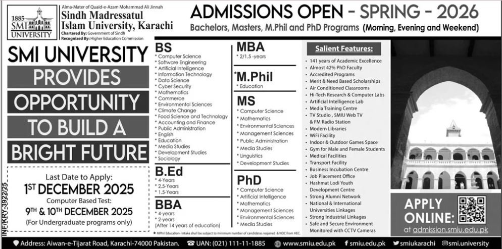 Admission Open in Sindh madressatul Islam University 2025 – Sindh Madressatul Islam University Karachi Admissions 2025 — original advertisement