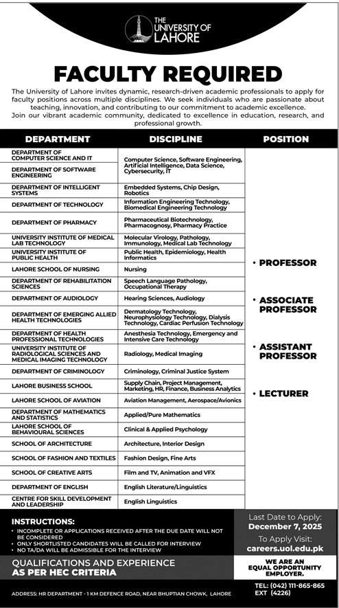 The University of Lahore Punjab 2025 Jobs 2025 — original advertisement