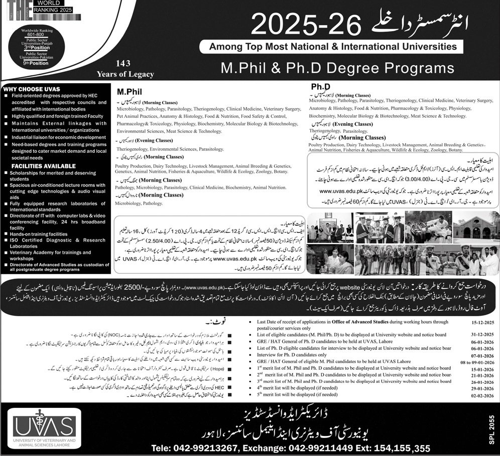 Admission Open in University of Veterinary & Animal Sciences – University of Veterinary and Animal Sciences Lahore Admissions 2025 — original advertisement