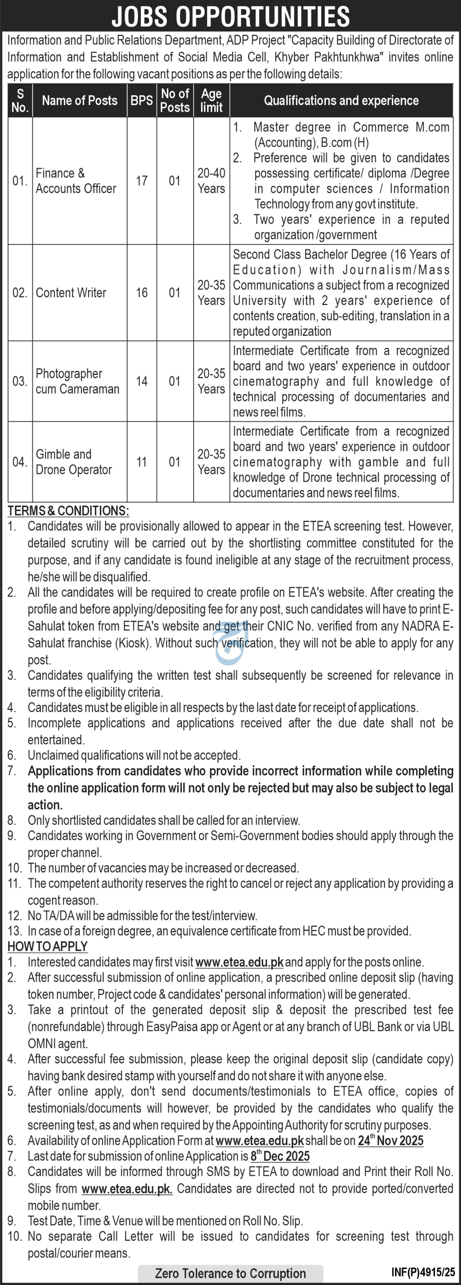 Information & Public Relations Department Jobs 2025 – Information & Public Relations Department KPK Jobs 2025 — original advertisement
