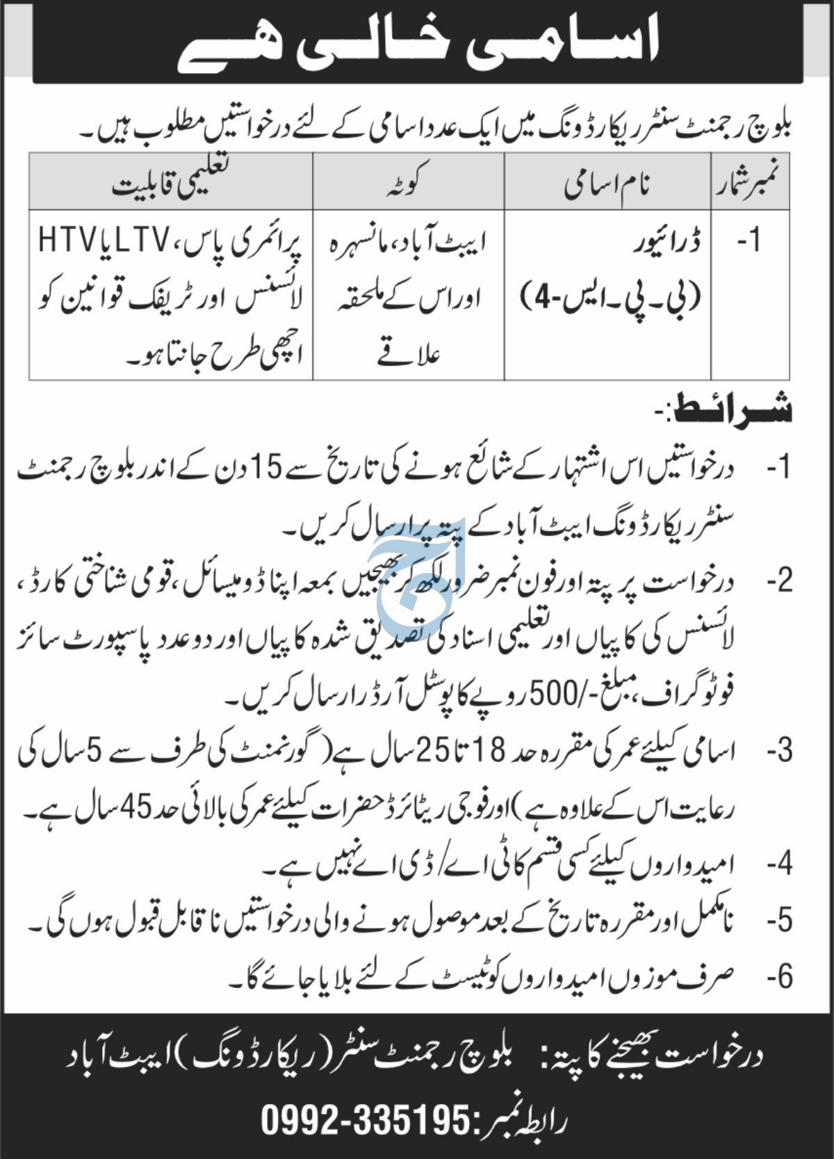 Baloch Regiment Center Recording Abbottabad Jobs 2025 – Pakistan Army Jobs 2025 — original advertisement