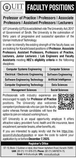 UIT University Karachi Sindh Jobs 2025 – Usman Institute Of Technology UIT Karachi Jobs 2025 — original advertisement