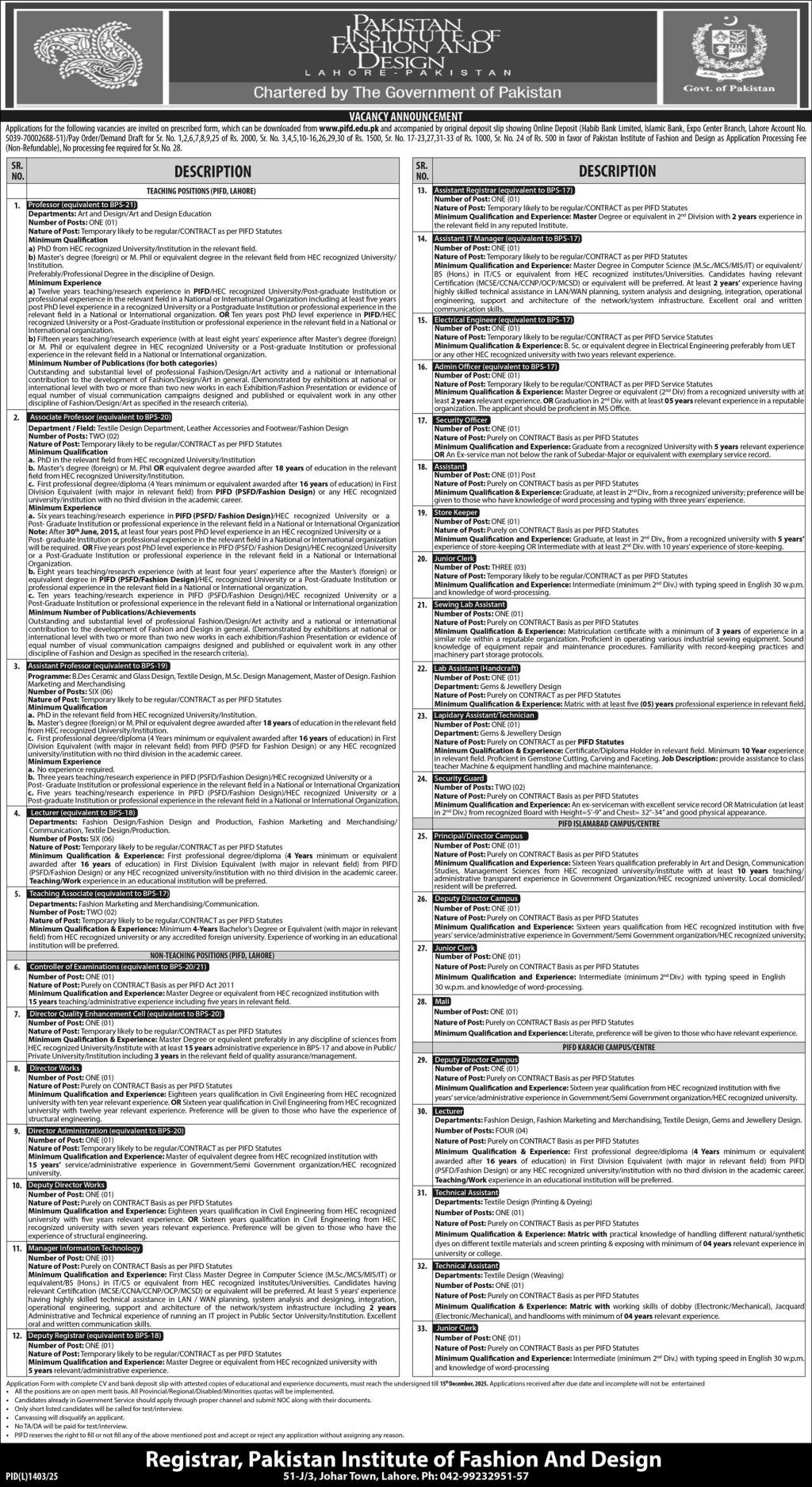 Pakistan Institute Of Fashion & Design PIFD Jobs 2025 – Pakistan Institute of Fashion and Design PIFD Lahore Jobs 2025 — original advertisement
