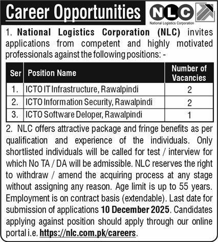 National Logistics Cell NLC Rawalpindi Jobs 2025 – National Logistic Cell Rawalpindi Jobs 2025 — original advertisement