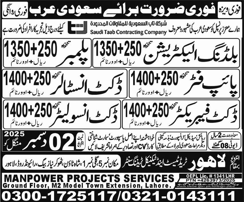 Duct Installer & Duct Fabricator Jobs 2025 In Saudi Arabia – Lahore Trade Test & Technical Training Center Jobs 2025 — original advertisement