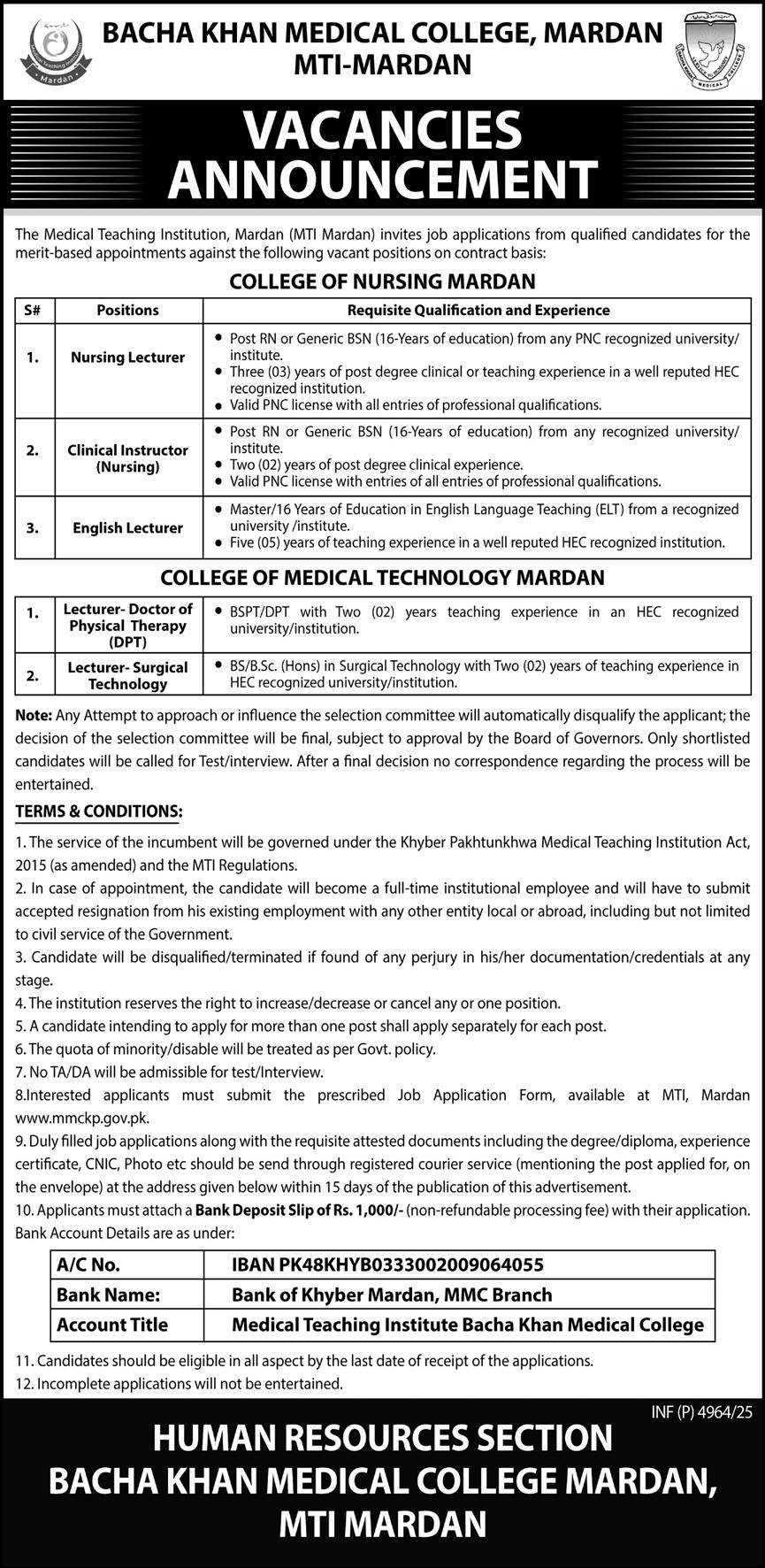 Bacha Khan Medical College BKMC Mardan Jobs 2025 – Bacha Khan Medical College Mardan Jobs 2025 — original advertisement
