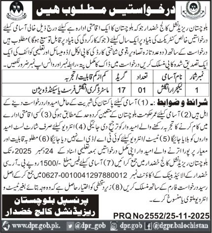 Balochistan Residential College Khuzdar Job 2025 – Balochistan Residential College (BRC) Khuzdar Balochistan Jobs 2025 — original advertisement