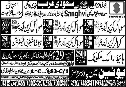 Heavy Machinery Electrician & Hydraulic Mechanic Jobs 2025 – Union Manpower Services Jobs 2025 — original advertisement