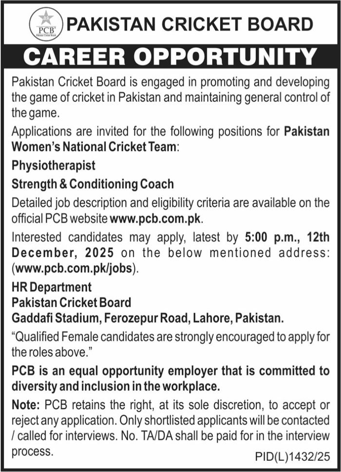 Pakistan Cricket Board PCB Lahore Jobs 2025 – Pakistan Cricket Board (PCB) Jobs 2025 — original advertisement