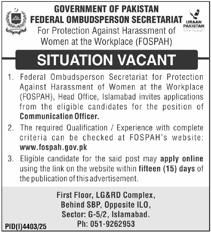 Federal Ombudsperson Secretariat FOSPAH Islamabad Jobs 2025 – Federal Tax Ombudsman Secretariat Pakistan Islamabad Jobs 2025 — original advertisement