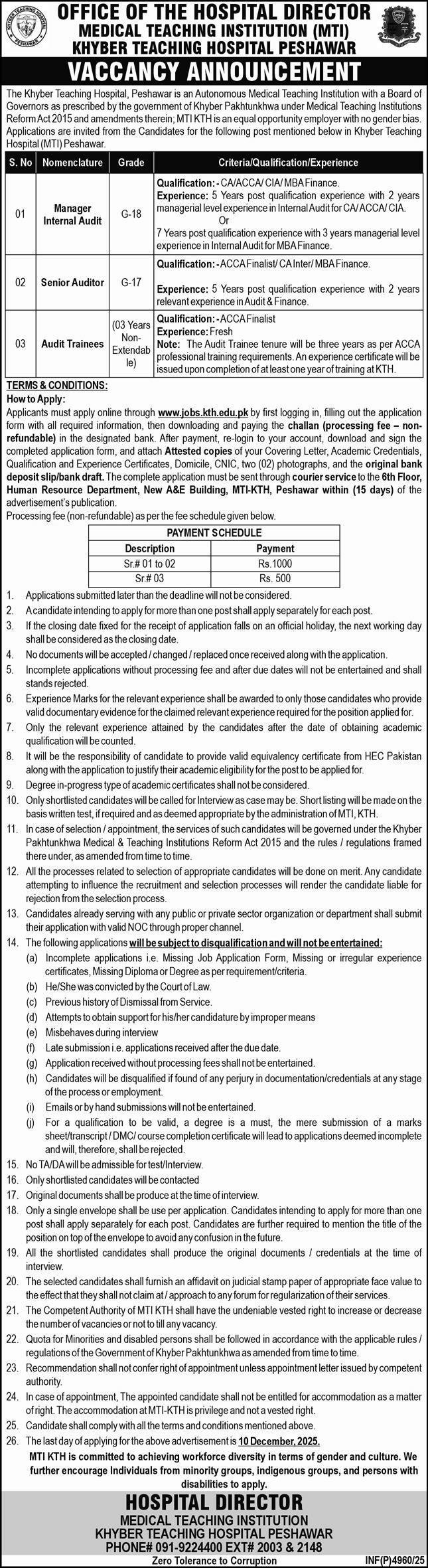 Khyber Teaching Hospital KTH Jobs 2025 For Senior Auditor – Medical Teaching Institute MTI Khyber Teaching Hospital Peshawar Kpk Jobs 2025 — original advertisement