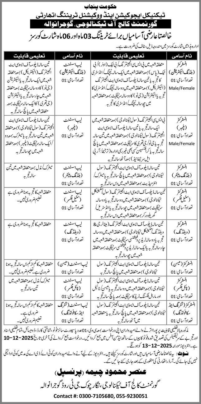 Government College Of Technology GCT Gujranwala Jobs 2025 – Technical Education & Vocational Training Authority TEVTA Punjab Jobs 2025 — original advertisement