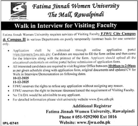Fatima Jinnah Women University Rawalpindi Job 2025 Jobs 2025 — original advertisement