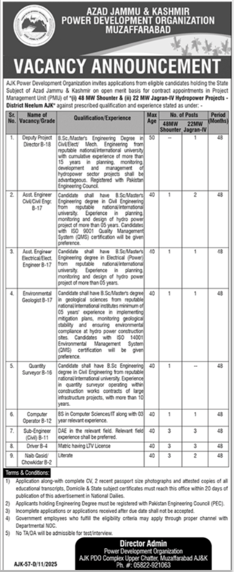 AJK Power Development Organization Muzaffarabad Jobs 2025 – Govt of Azad Kashmir Jobs 2025 — original advertisement