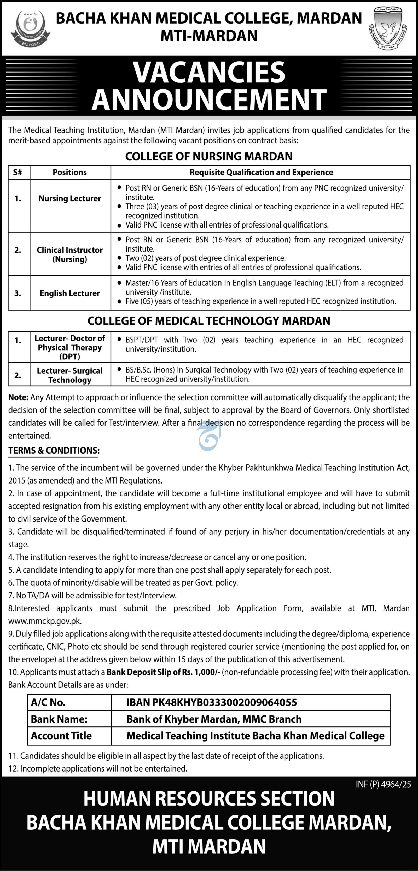 Bacha Khan Medical College Mardan Mti Mardan Jobs 2025 – Bacha Khan University Charsada Jobs 2025 — original advertisement